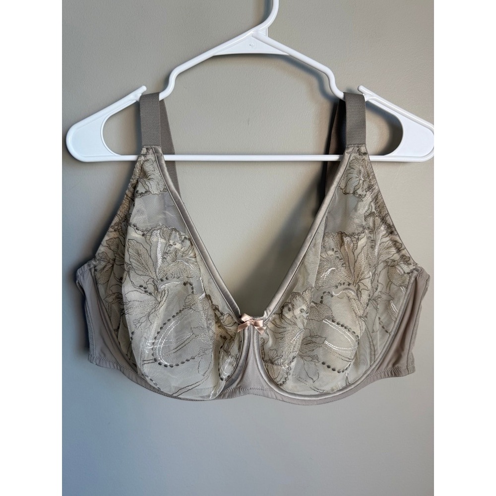 Understance Womens Light Grey Floral Embroidered Underwire Bra 44J Sheer Mesh